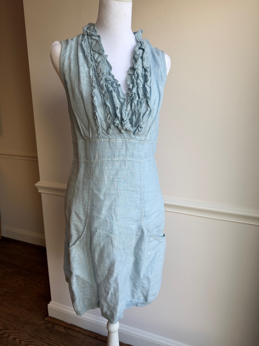 Made in Italy  Distressed Look Blue Balloon Triple Ruffle Top Dress S/M EUC - Picture 3 of 10